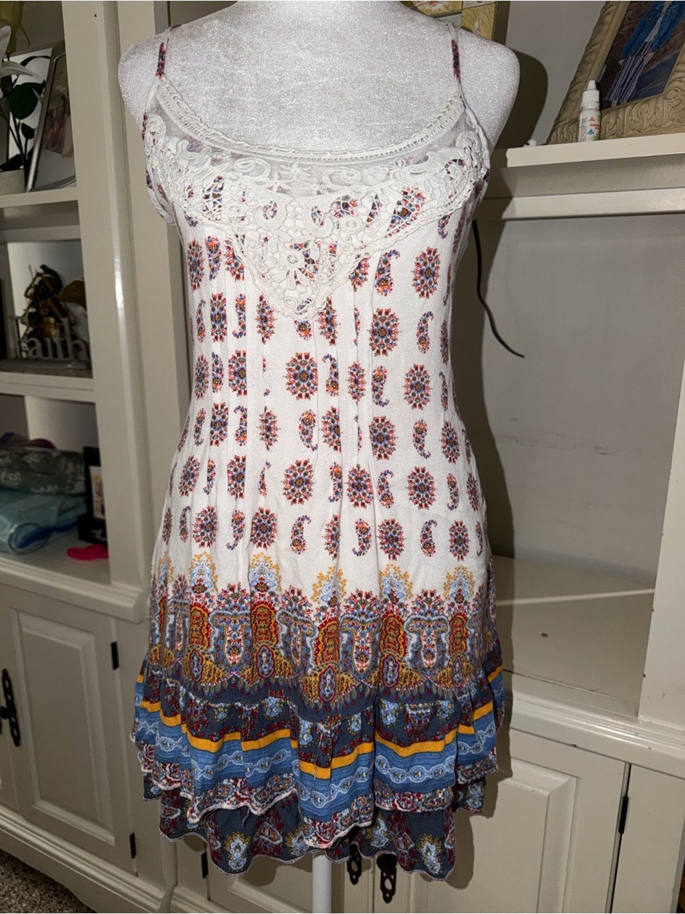 American Rag White Mini Dress with Blue, Yellow and Red Border Print